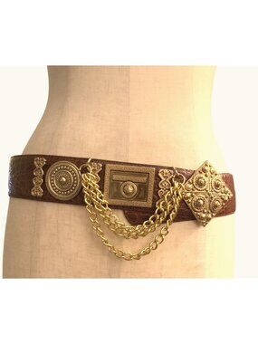 Vintage Brown Leather Belt With Ornate Gold Metal Accents & Chain Detailing Size